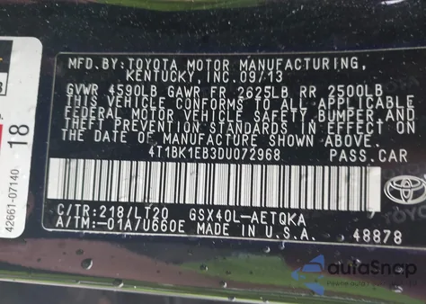 2013 Toyota Avalon Xle Touring из США, поврежденный, VIN 4T1BK1EB3DU072968